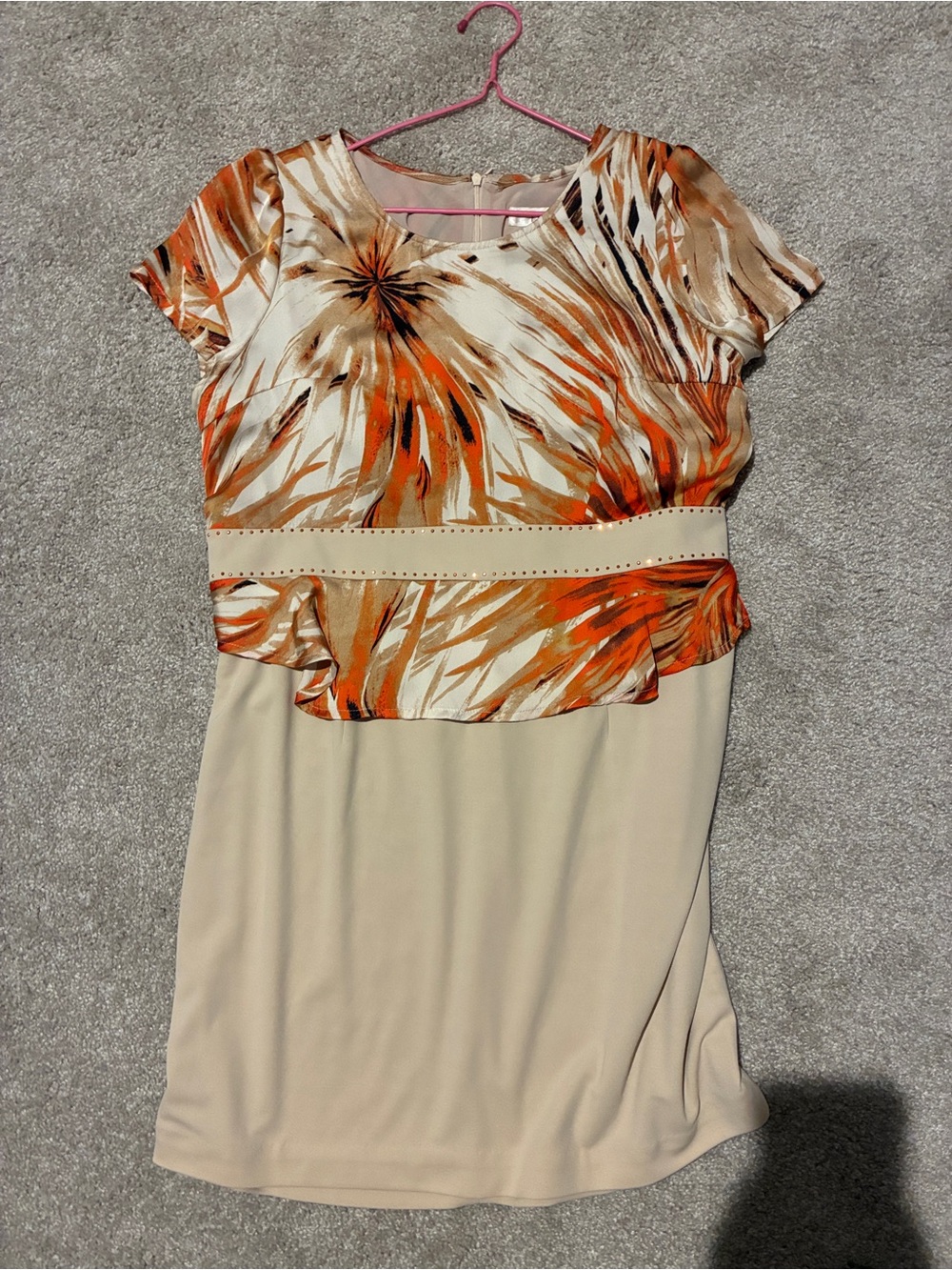 Beige Midi Dress with Orange Floral-Print Bodice